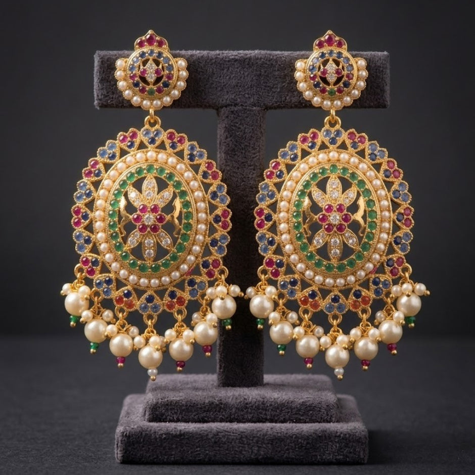 Bhavmayi Royal Multi-Color Navratna-Inspired Chandbali Drop Earrings with Pearl Fringe
