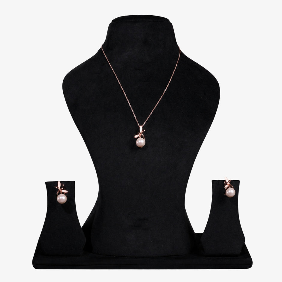 Bhavmayi Graceful Rose Gold Dragonfly & Lustrous Pearl Pendant Set with Earrings.