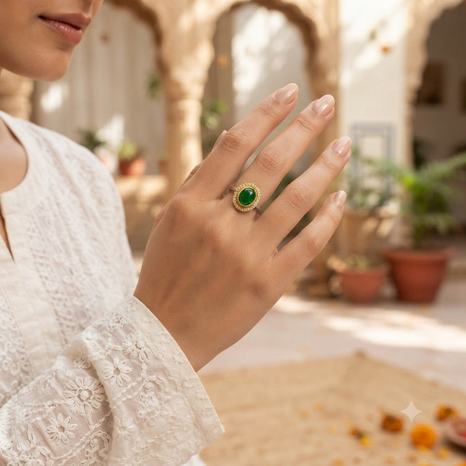Green Emerald Gold-Plated Designer Ring