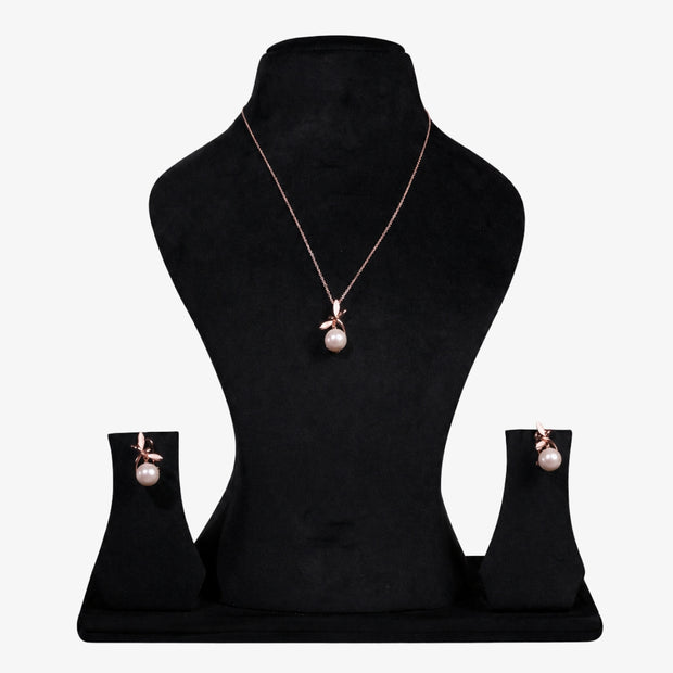 Bhavmayi Graceful Rose Gold Dragonfly & Lustrous Pearl Pendant Set with Earrings.