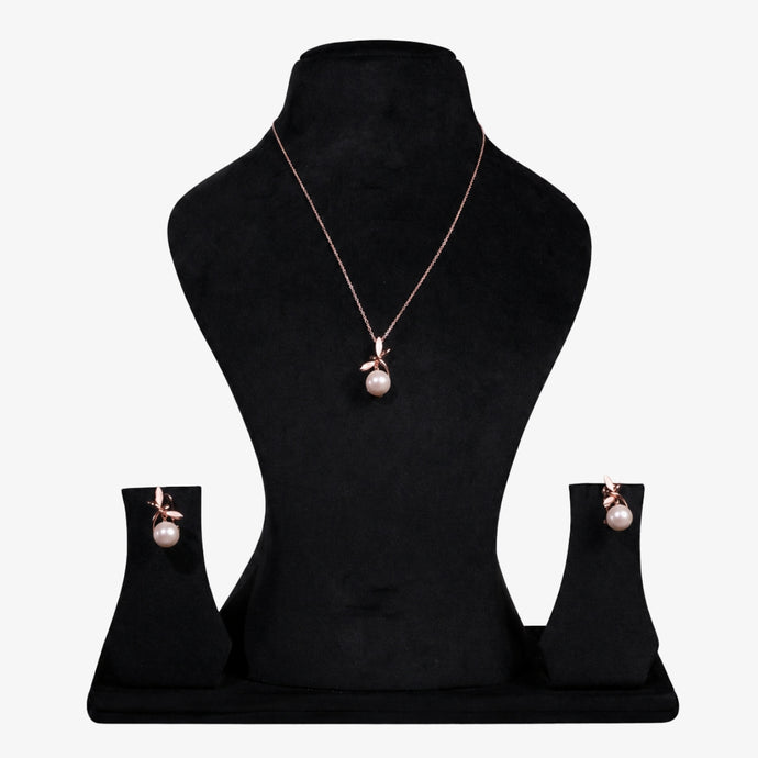 Bhavmayi Graceful Rose Gold Dragonfly & Lustrous Pearl Pendant Set with Earrings.