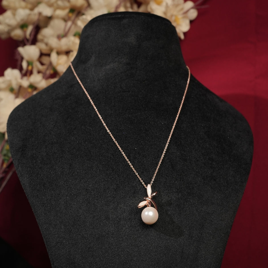Bhavmayi Graceful Rose Gold Dragonfly & Lustrous Pearl Pendant Set with Earrings.