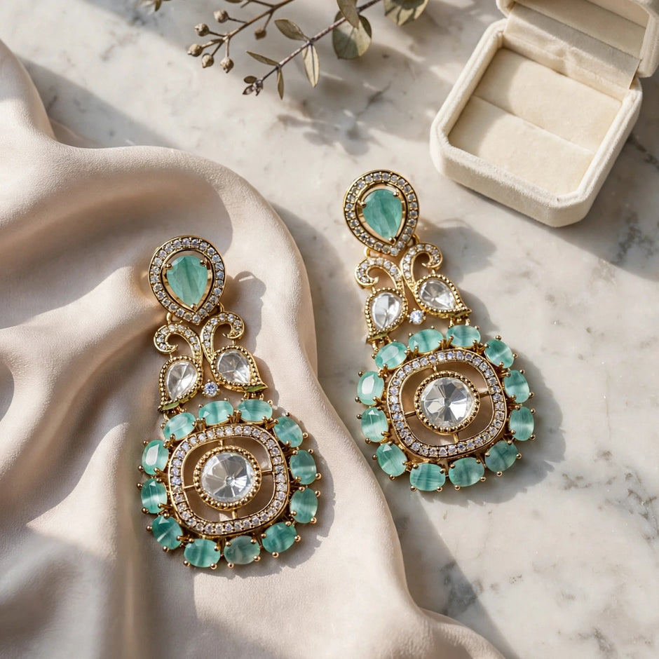 Bhavmayi Gold Plated Mint Green Quartz & Clear Crystal Kundan Medallion Chandelier Earrings