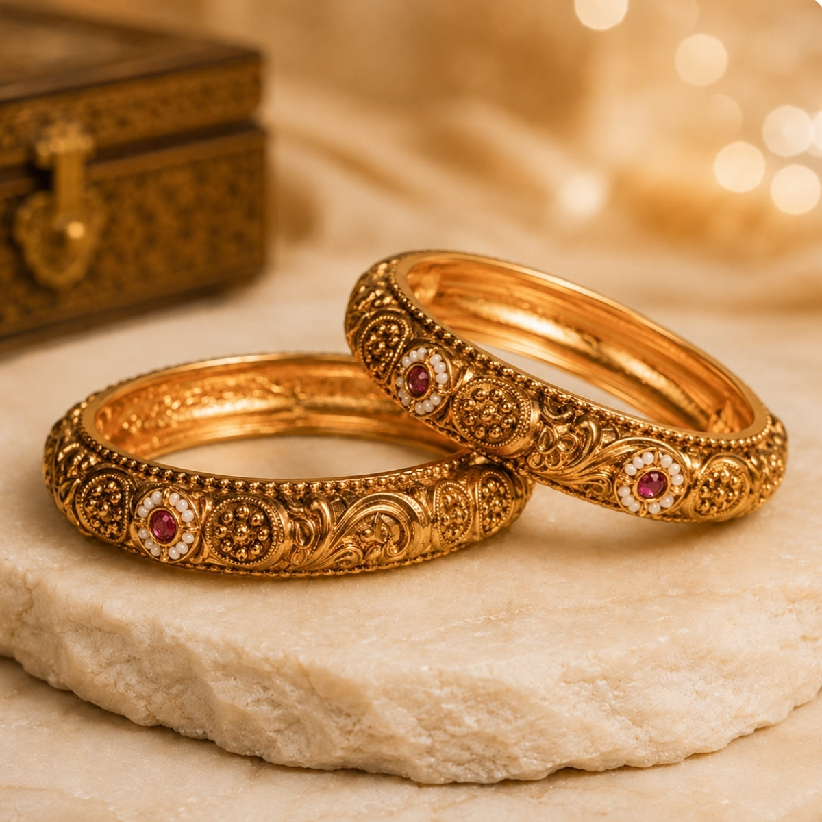 Bhavmayi Gold Plated Antique Temple Granulation Bangles Pair with Ruby Red Cabochons and Pearl Halos