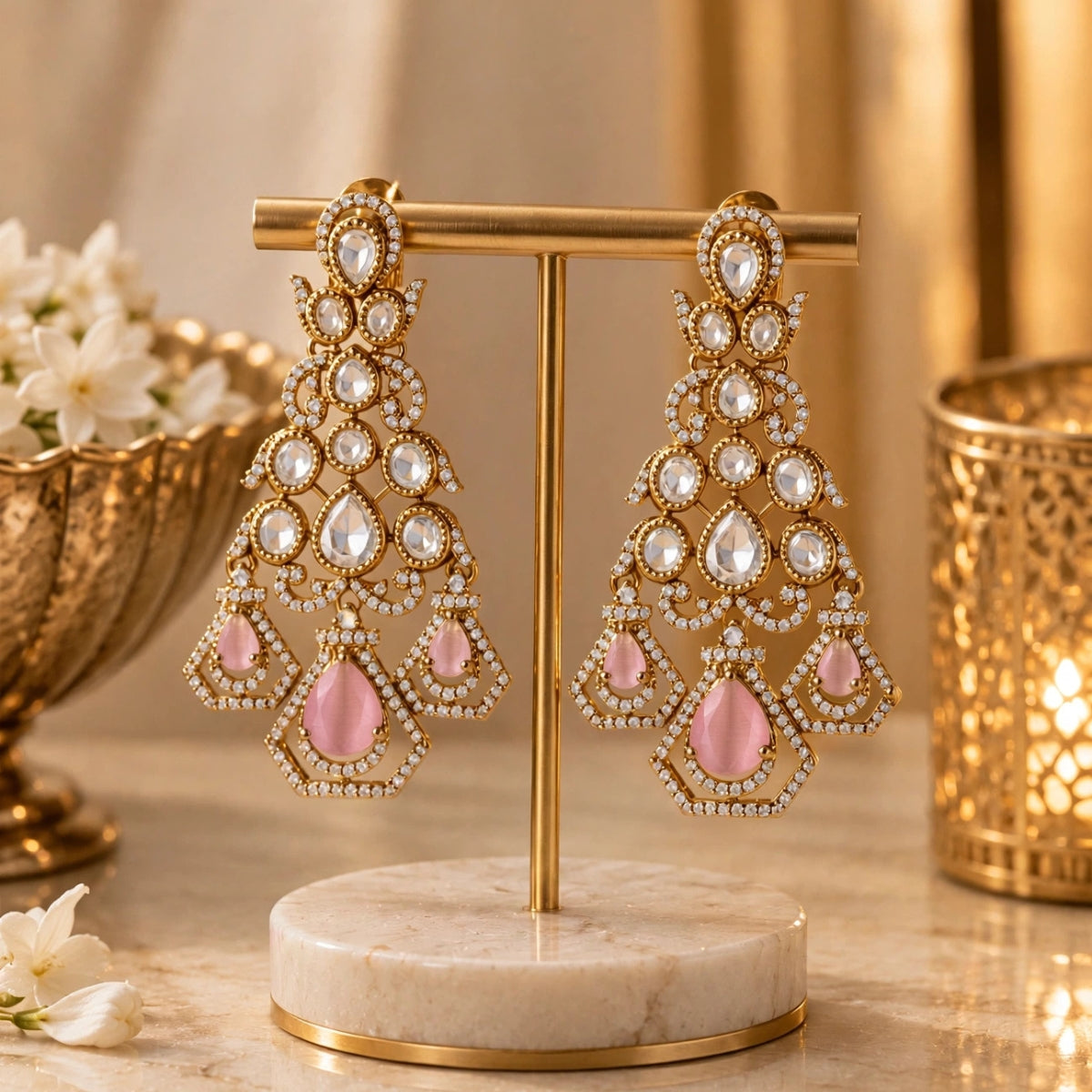 Bhavmayi Gold-Plated Blush Pink Rose Quartz Gemstone & Uncut Polki Kundan Tiered Chandelier Earrings