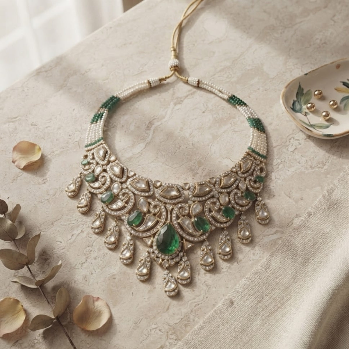 Bhavmayi Heritage Antique Gold Choker Necklace with Pear Cut Emeralds & Uncut Polki Kundan Drops Accent with Pearl Strands