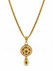 Gold-tone floral halo necklace set displayed on white jewellery stands, featuring a round pendant with green and magenta-pink accents, a decorative beaded chain, and matching earrings with green teardrop-shaped drops.