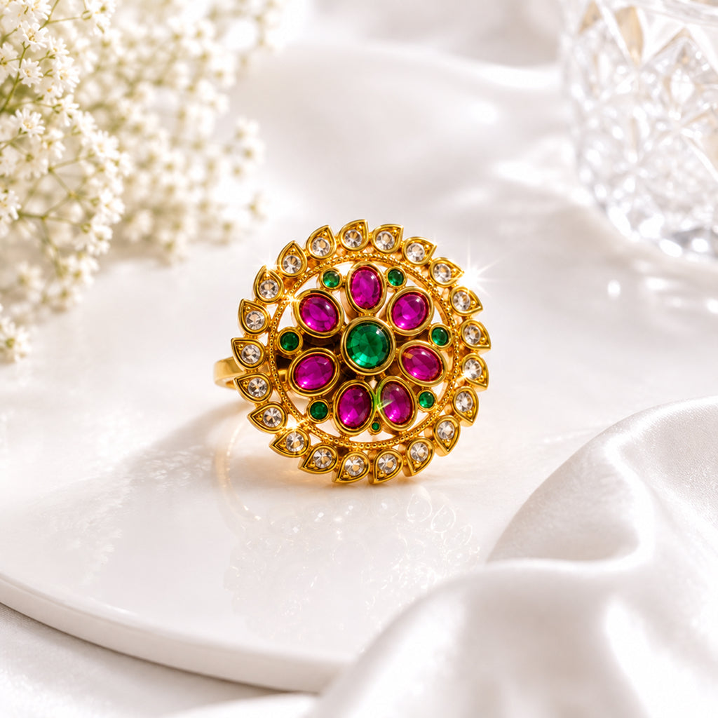 Bhavmayi Gold-Plated Multicolor Kundan Statement Ring