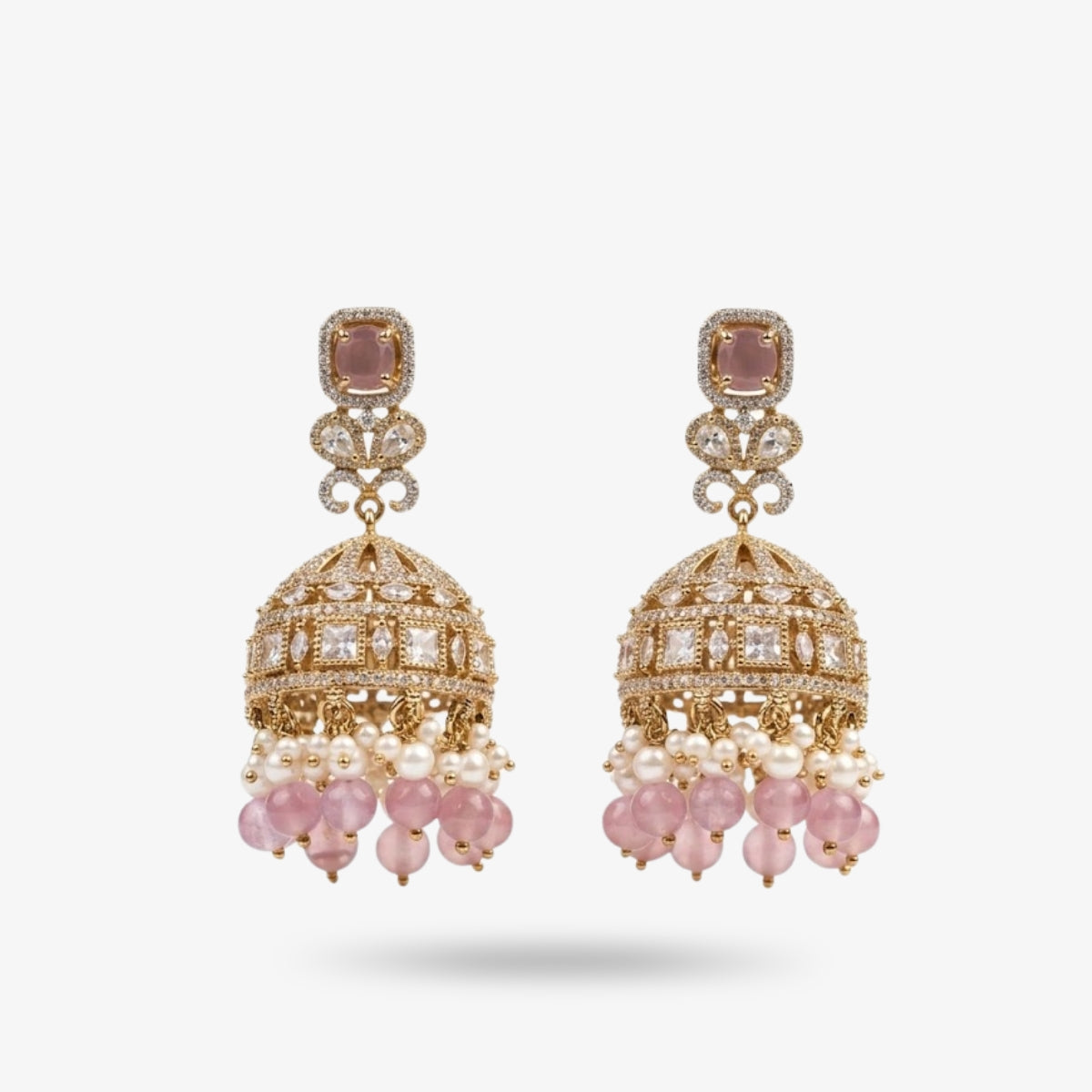 Bhavmayi Elegant Gold Pastel Pink and Diamond Jhumka Earrings with Pearl Fringe