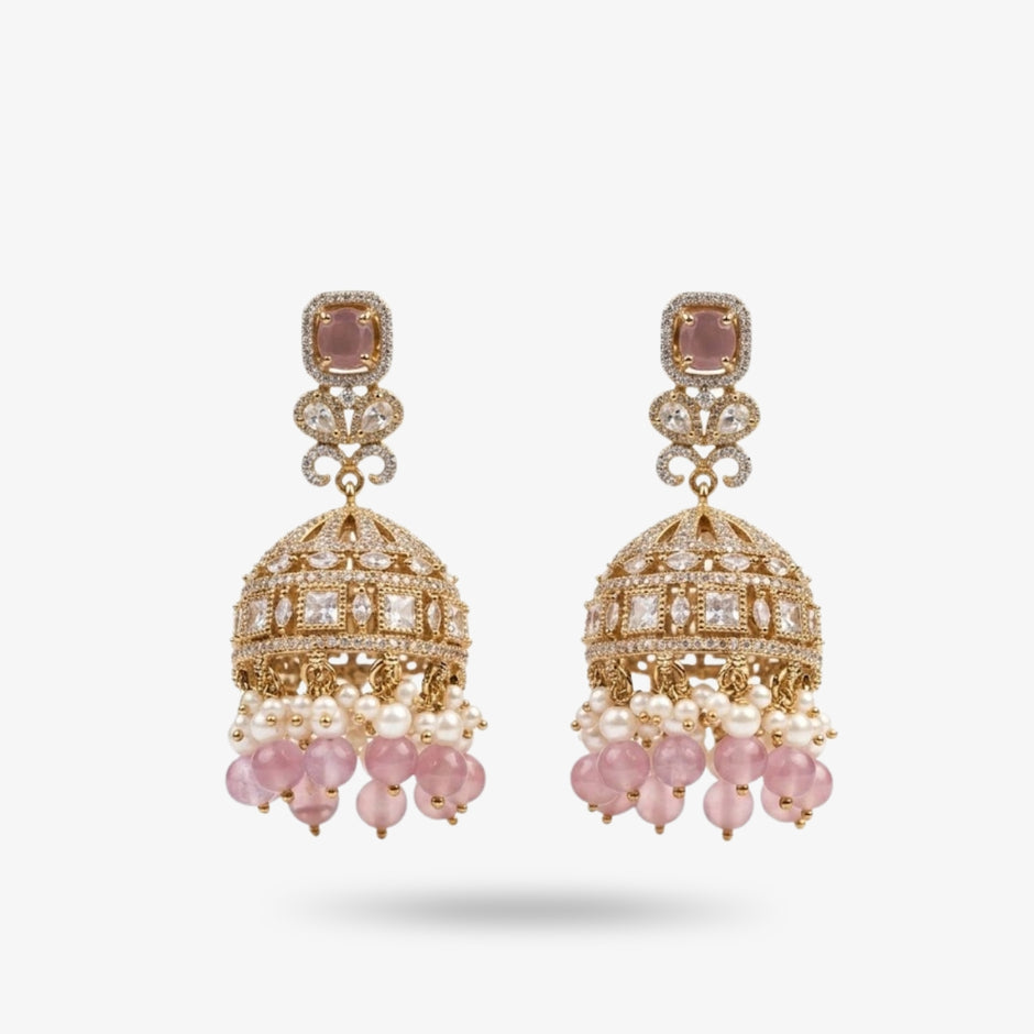Bhavmayi Elegant Gold Pastel Pink and Diamond Jhumka Earrings with Pearl Fringe