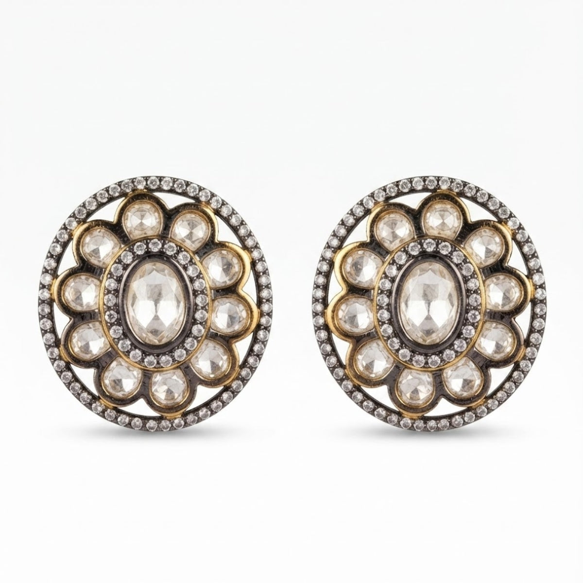 Bhavmayi Dual-Tone Antique Gold & Silver Uncut Polki Kundan Floral Stud Earrings with Micro-Pave Circullar Border