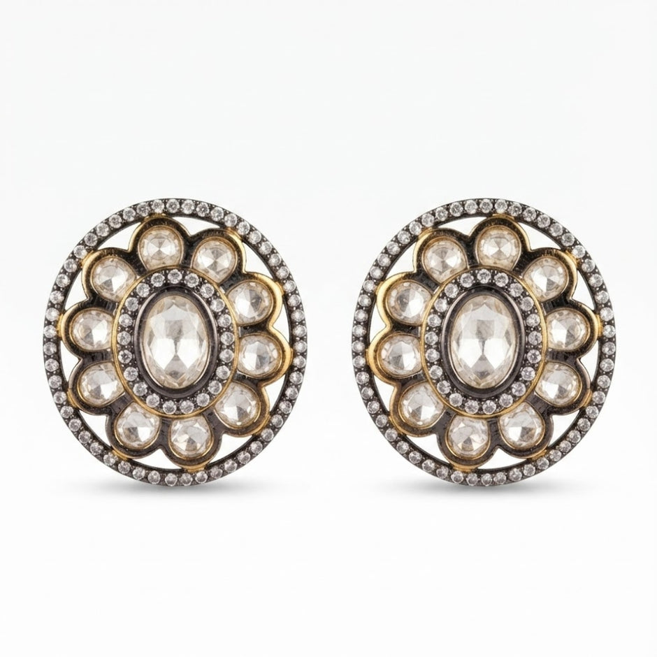 Bhavmayi Dual-Tone Antique Gold & Silver Uncut Polki Kundan Floral Stud Earrings with Micro-Pave Circullar Border