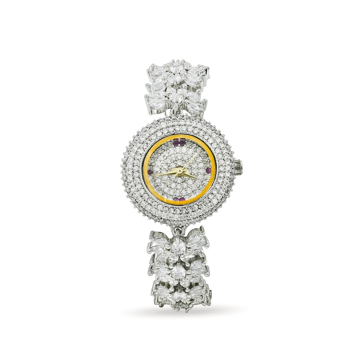 Bhavmayi Luxurious Silver Crystal Pave Bracelet Style Watch for Women with Full Stone Dial and Vibrant Red Hands