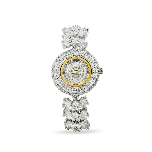 Bhavmayi Luxurious Silver Crystal Pave Bracelet Style Watch for Women with Full Stone Dial and Vibrant Red Hands