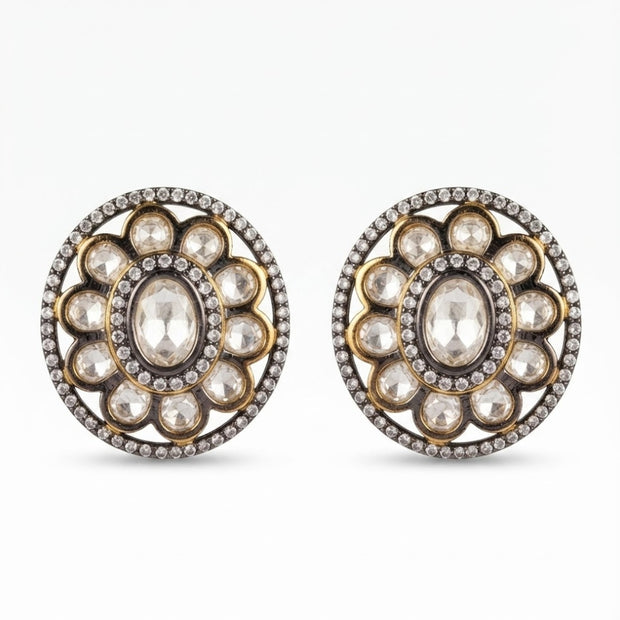 Bhavmayi Dual-Tone Antique Gold & Silver Uncut Polki Kundan Floral Stud Earrings with Micro-Pave Circullar Border