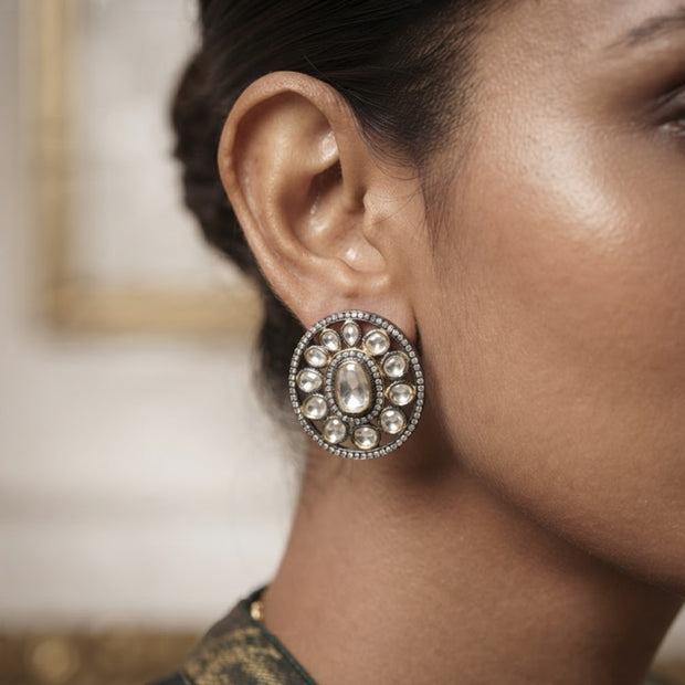 Bhavmayi Dual-Tone Antique Gold & Silver Uncut Polki Kundan Floral Stud Earrings with Micro-Pave Circullar Border