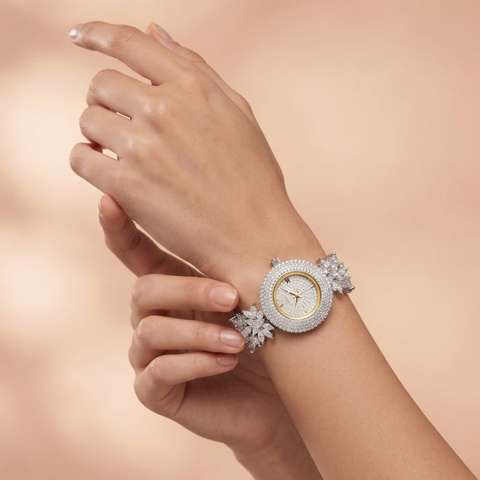 Bhavmayi Luxurious Silver Crystal Pave Bracelet Style Watch for Women with Full Stone Dial and Vibrant Red Hands