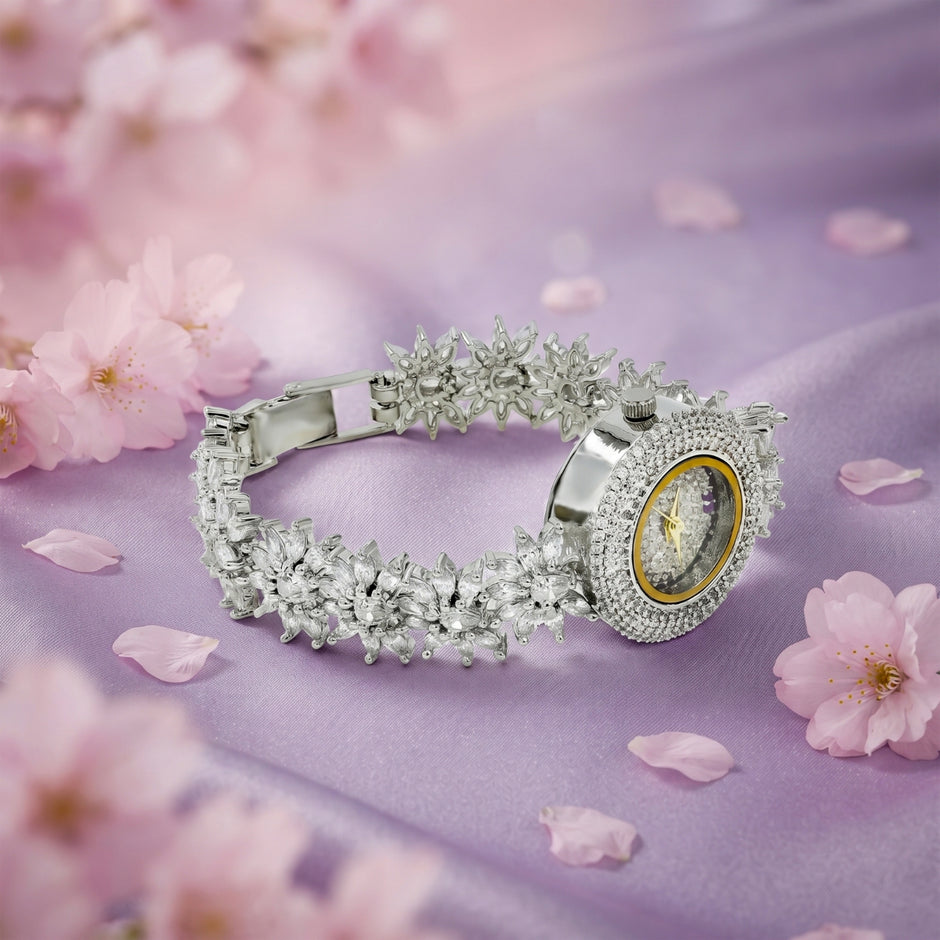 Bhavmayi Luxurious Silver Crystal Pave Bracelet Style Watch for Women with Full Stone Dial and Vibrant Red Hands