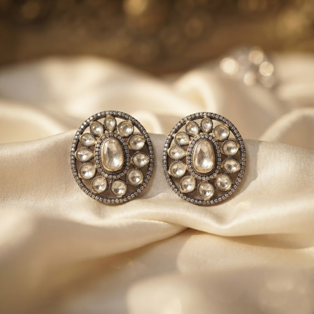Bhavmayi Dual-Tone Antique Gold & Silver Uncut Polki Kundan Floral Stud Earrings with Micro-Pave Circullar Border