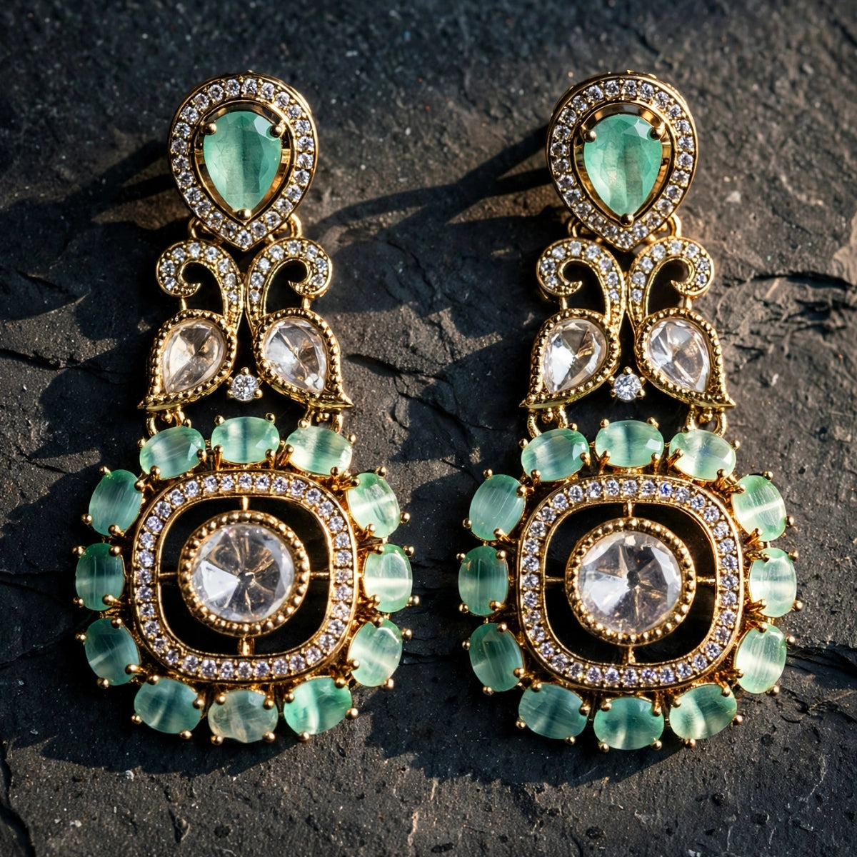 Bhavmayi Gold Plated Mint Green Quartz & Clear Crystal Kundan Medallion Chandelier Earrings