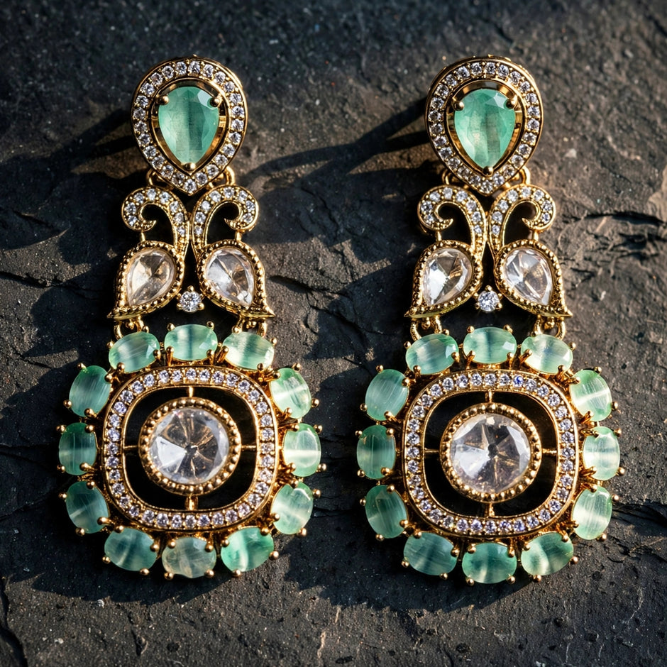 Bhavmayi Gold Plated Mint Green Quartz & Clear Crystal Kundan Medallion Chandelier Earrings