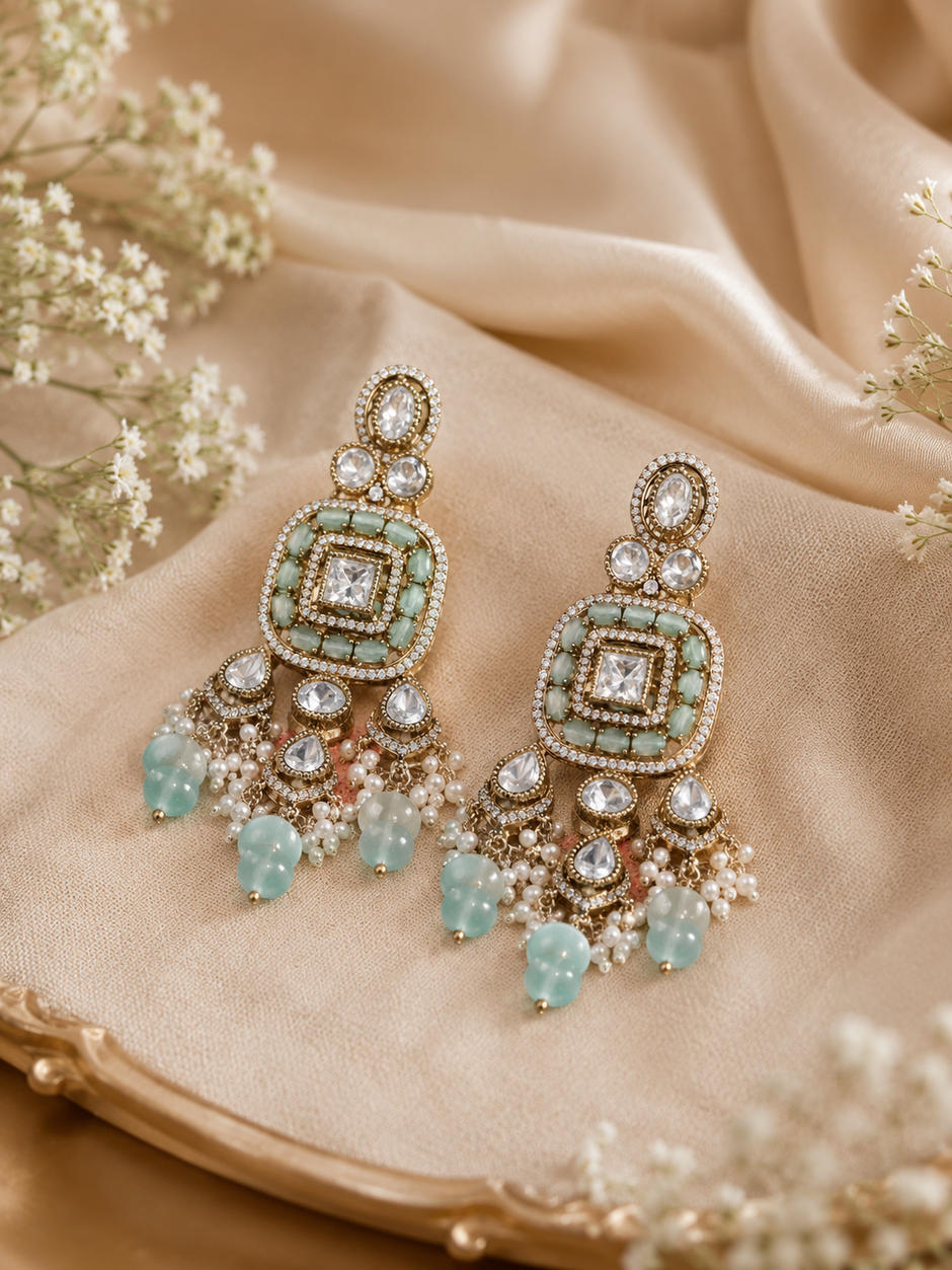 Bhavmayi Antique Gold Mint Green Cats-Eye Gemstone & Uncut Polki Kundan Statement Earrings with Seed Pearl Clusters