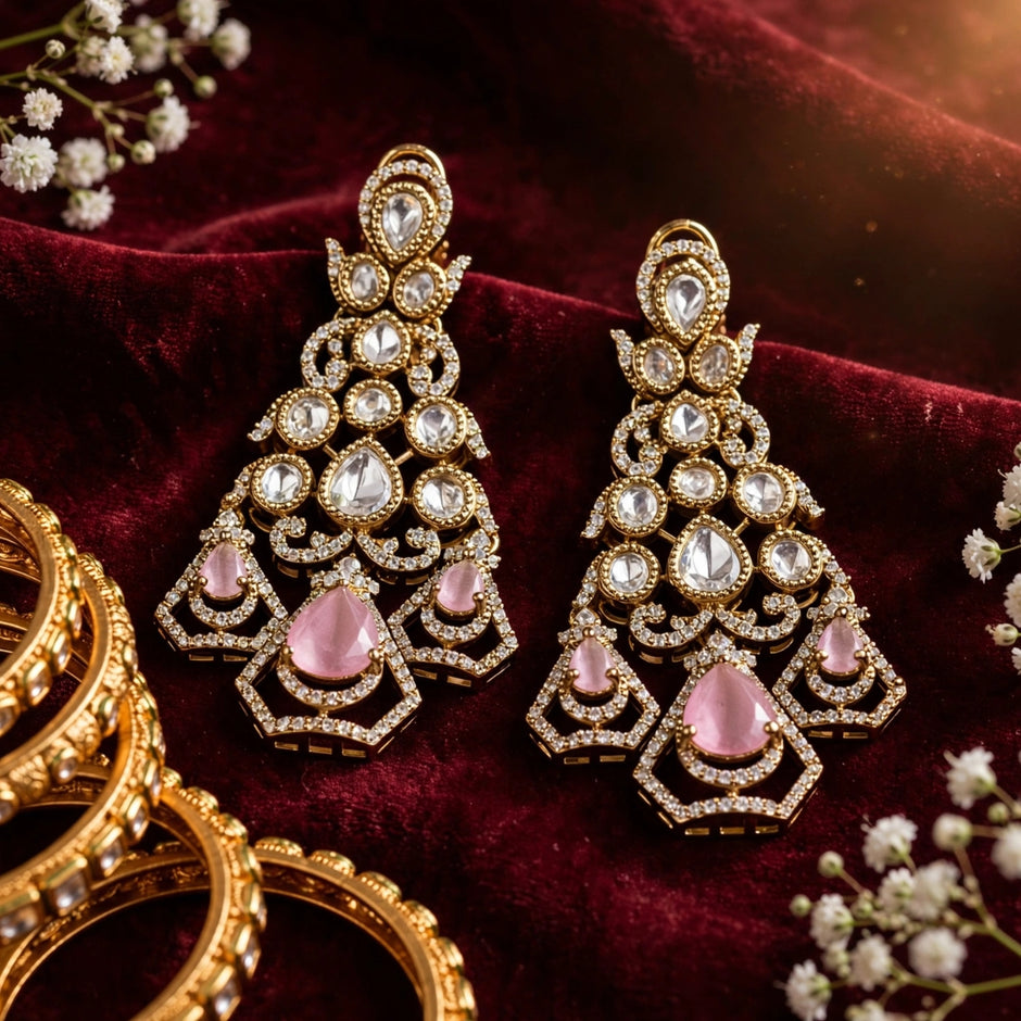 Bhavmayi Gold-Plated Blush Pink Rose Quartz Gemstone & Uncut Polki Kundan Tiered Chandelier Earrings