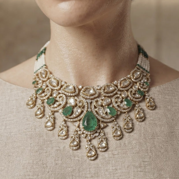 Bhavmayi Heritage Antique Gold Choker Necklace with Pear Cut Emeralds & Uncut Polki Kundan Drops Accent with Pearl Strands
