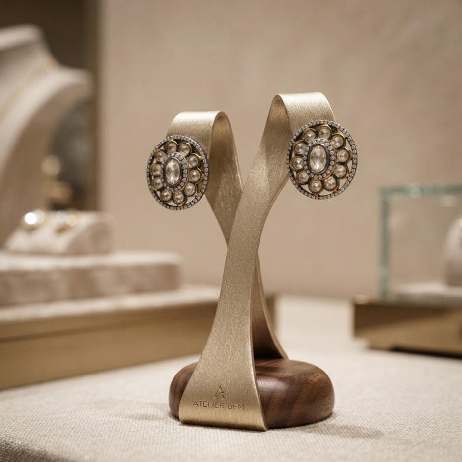 Bhavmayi Dual-Tone Antique Gold & Silver Uncut Polki Kundan Floral Stud Earrings with Micro-Pave Circullar Border