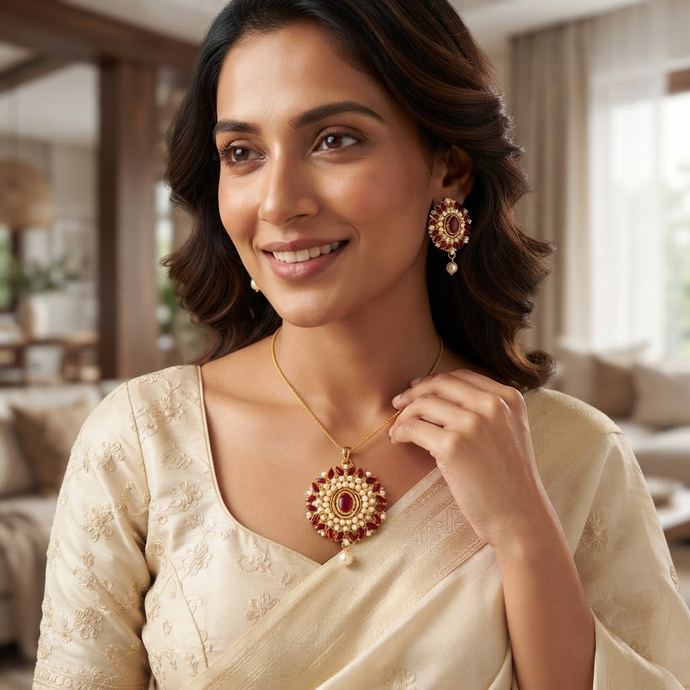 Bhavmayi Gold-Plated Ruby Pearl Necklace & Earrings Set