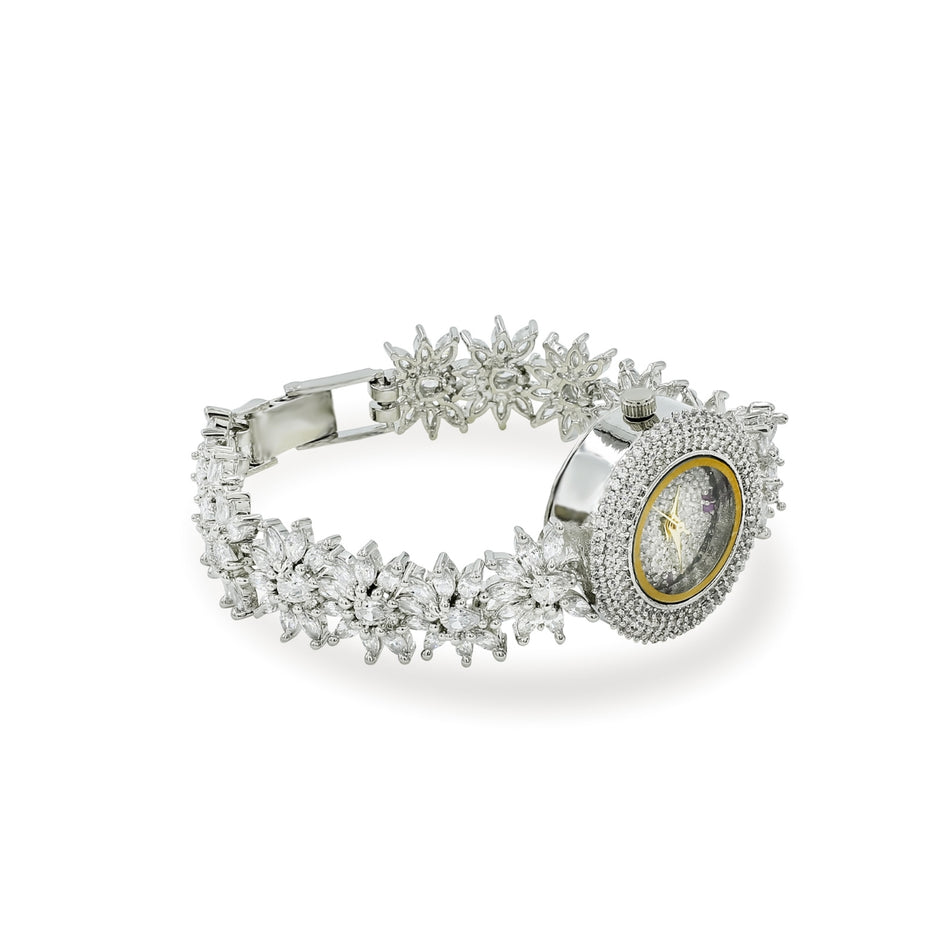 Bhavmayi Luxurious Silver Crystal Pave Bracelet Style Watch for Women with Full Stone Dial and Vibrant Red Hands