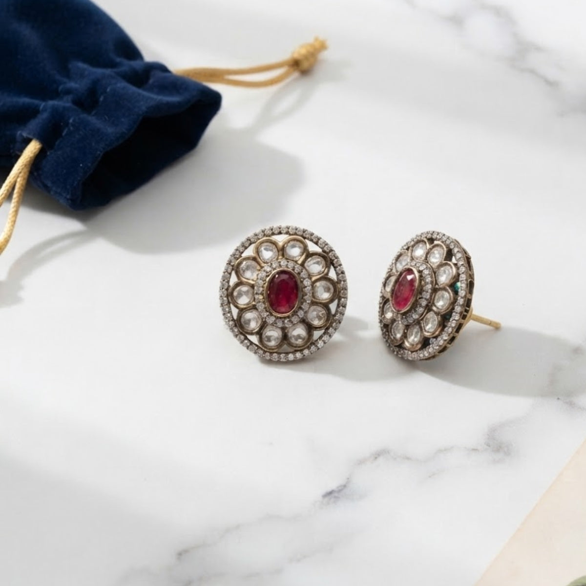 Bhavmayi Dual-Tone Antique Gold & Silver Uncut Polki Kundan Floral Stud Earrings with Micro-Pave Circullar Border