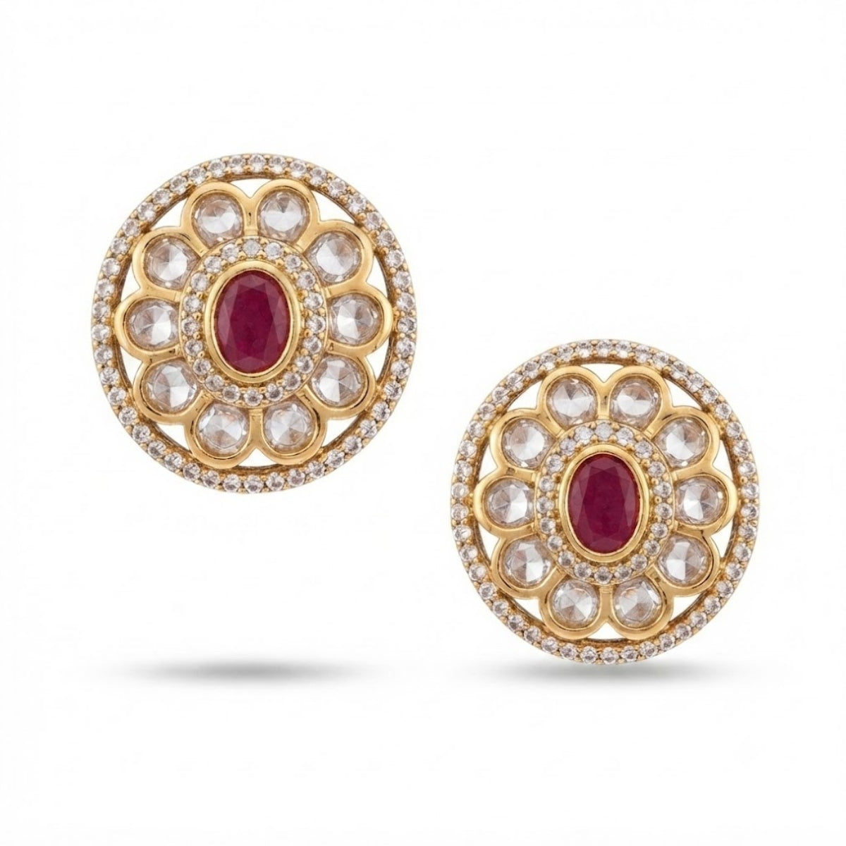Bhavmayi Dual-Tone Antique Gold & Silver Uncut Polki Kundan Floral Stud Earrings with Micro-Pave Circullar Border