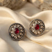 Bhavmayi Dual-Tone Antique Gold & Silver Uncut Polki Kundan Floral Stud Earrings with Micro-Pave Circullar Border