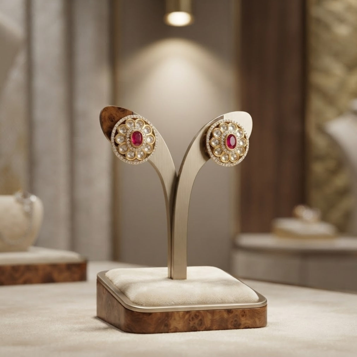 Bhavmayi Dual-Tone Antique Gold & Silver Uncut Polki Kundan Floral Stud Earrings with Micro-Pave Circullar Border