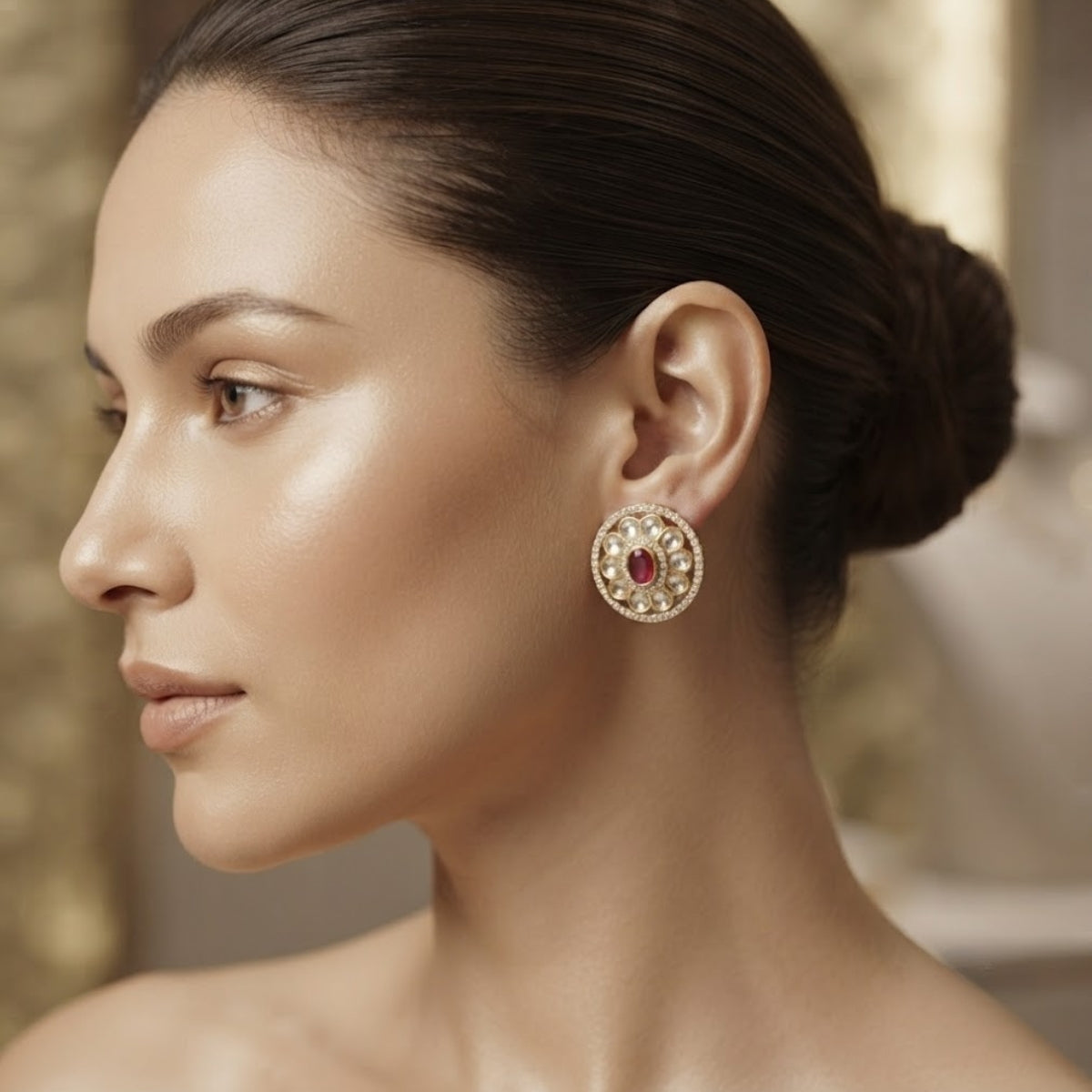 Bhavmayi Dual-Tone Antique Gold & Silver Uncut Polki Kundan Floral Stud Earrings with Micro-Pave Circullar Border