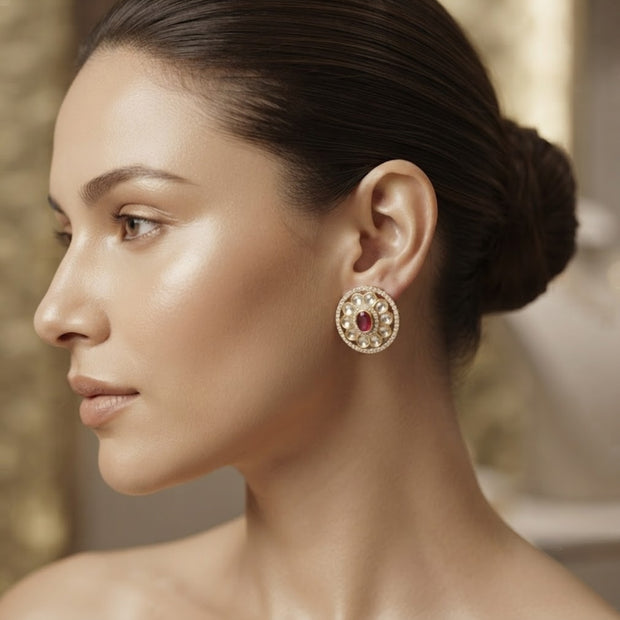 Bhavmayi Dual-Tone Antique Gold & Silver Uncut Polki Kundan Floral Stud Earrings with Micro-Pave Circullar Border