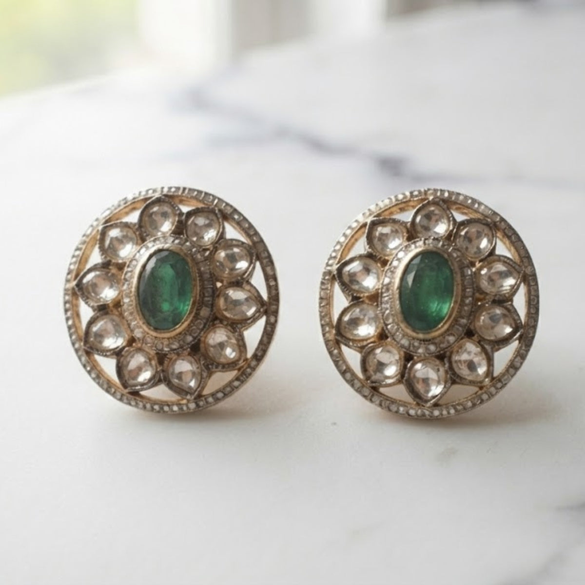 Bhavmayi Dual-Tone Antique Gold & Silver Uncut Polki Kundan Floral Stud Earrings with Micro-Pave Circullar Border