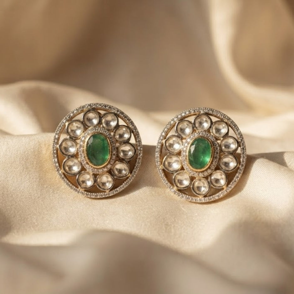 Bhavmayi Dual-Tone Antique Gold & Silver Uncut Polki Kundan Floral Stud Earrings with Micro-Pave Circullar Border