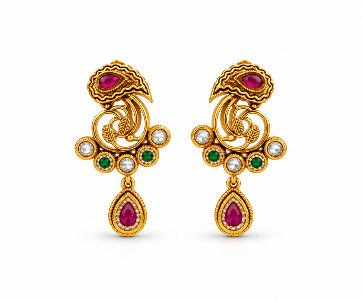 Gold-tone ornamental pendant and matching drop earrings displayed on a cream background, featuring intricate golden patterns, magenta-pink accents, green teardrop-shaped drops, and white decorative details.