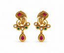 Gold-tone ornamental pendant and matching drop earrings displayed on a cream background, featuring intricate golden patterns, magenta-pink accents, green teardrop-shaped drops, and white decorative details.