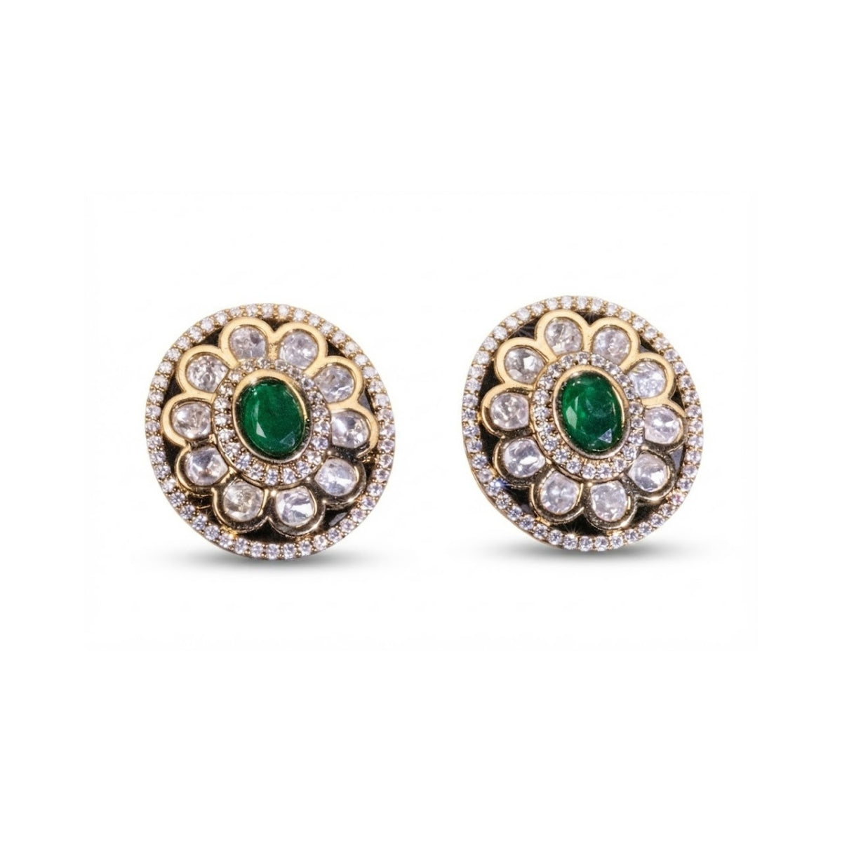 Bhavmayi Dual-Tone Antique Gold & Silver Uncut Polki Kundan Floral Stud Earrings with Micro-Pave Circullar Border