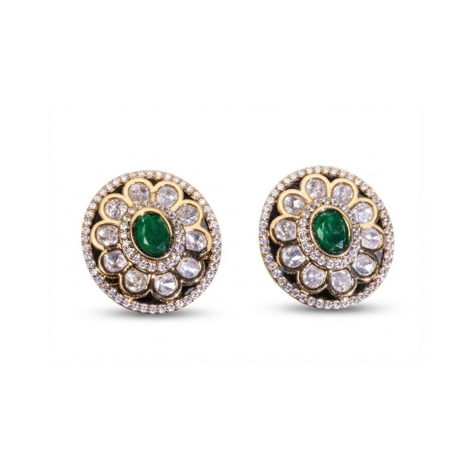 Bhavmayi Dual-Tone Antique Gold & Silver Uncut Polki Kundan Floral Stud Earrings with Micro-Pave Circullar Border