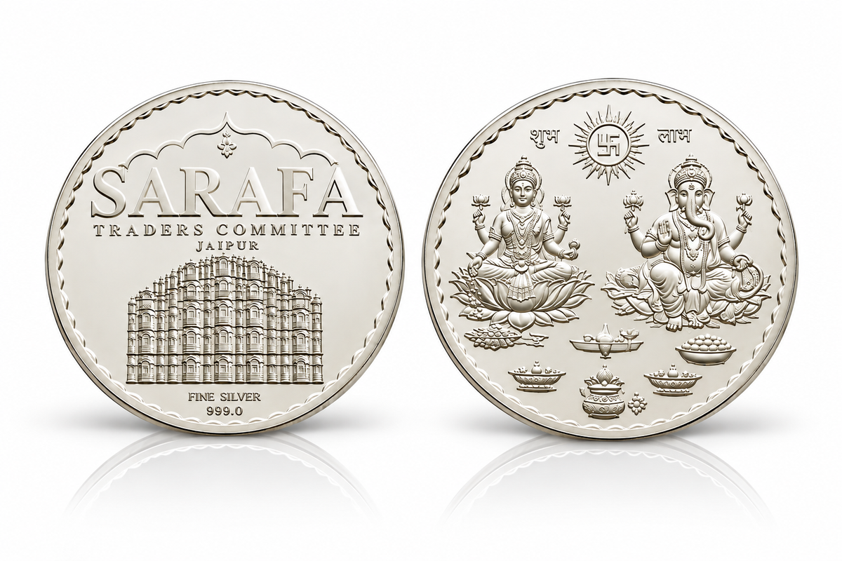 999 fine silver coin featuring Jaipur Hawa Mahal architecture and Hindu deity designs by Bhavmayi