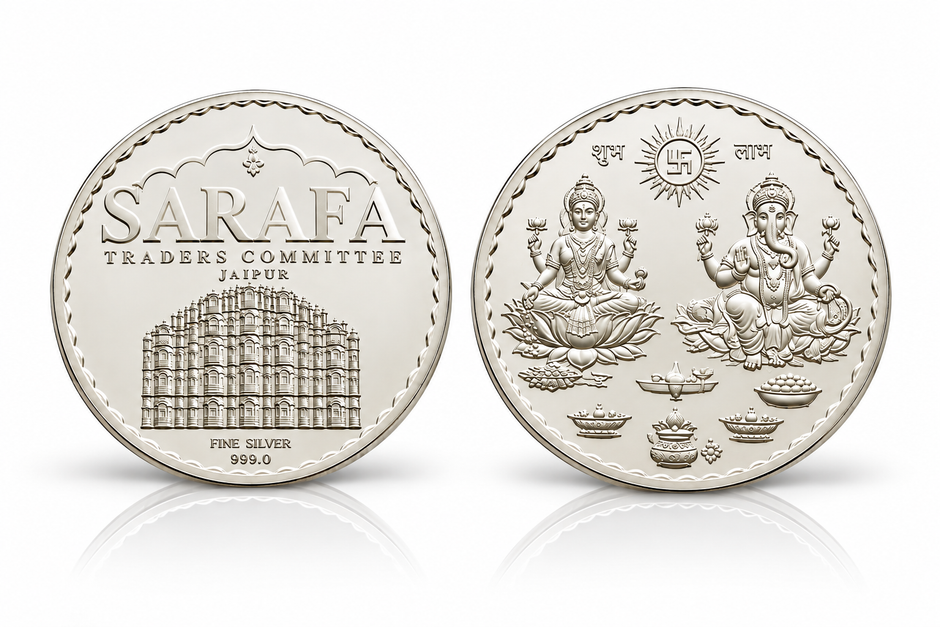 999 fine silver coin featuring Jaipur Hawa Mahal architecture and Hindu deity designs by Bhavmayi
