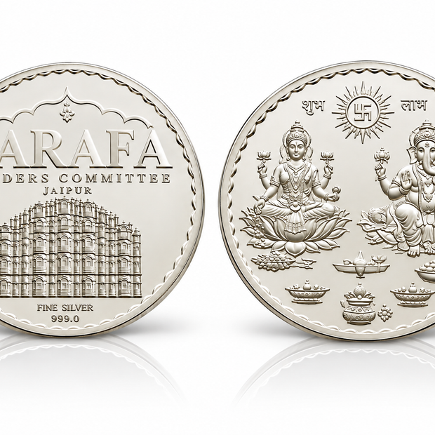 999 fine silver coin featuring Jaipur Hawa Mahal architecture and Hindu deity designs by Bhavmayi