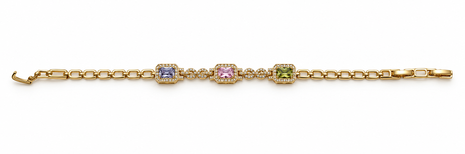 Gold-tone link bracelet with three rectangular purple, pink and green stones in square clear-stone settings, shown from the front and reverse.