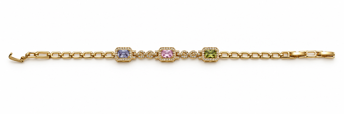 Gold-tone link bracelet with three rectangular purple, pink and green stones in square clear-stone settings, shown from the front and reverse.