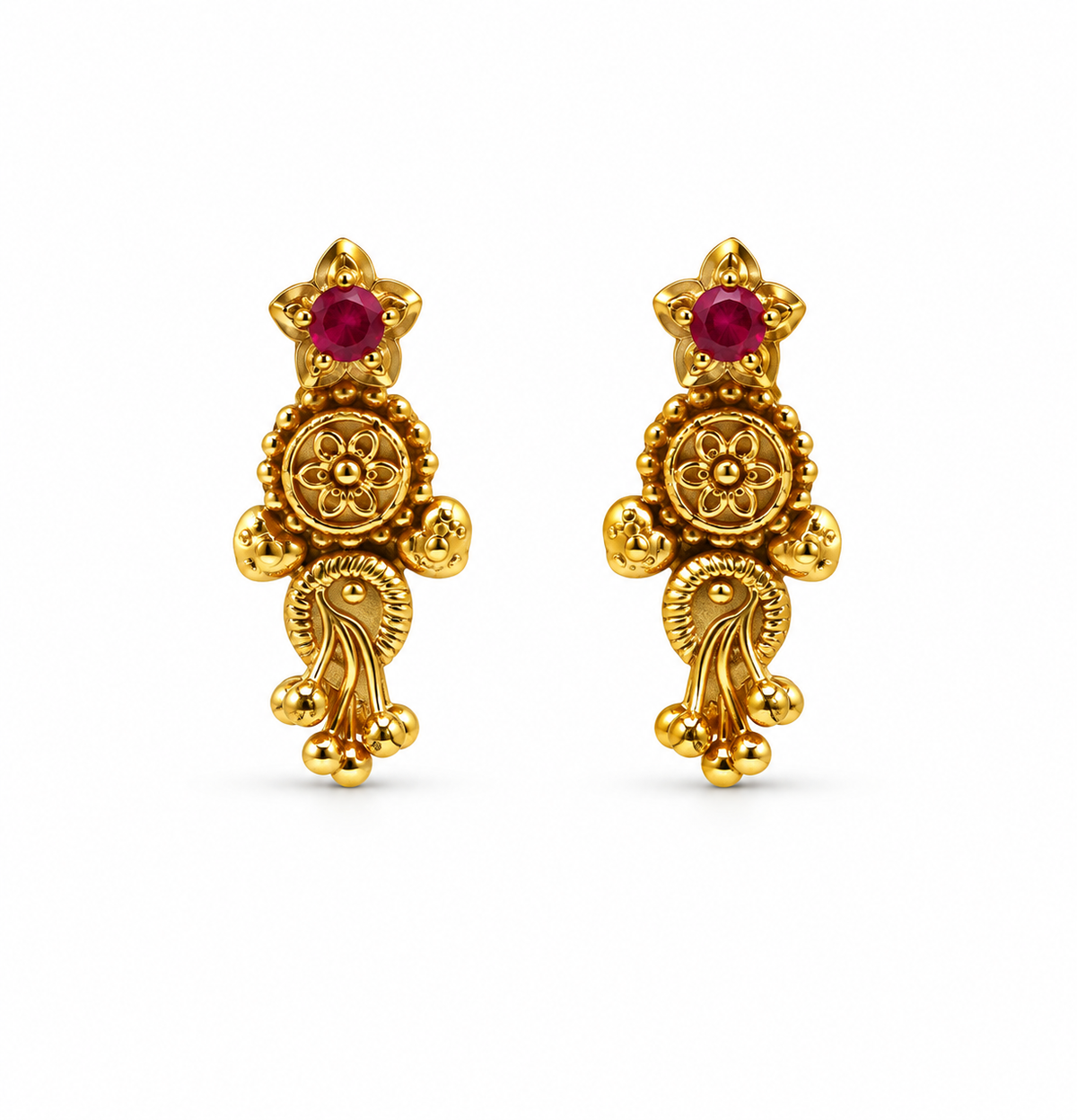 Traditional gold-tone floral necklace set with matching dangling earrings, featuring magenta and green accents, ivory-white bead-like details and intricate ornamental motifs.