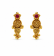 Traditional gold-tone floral necklace set with matching dangling earrings, featuring magenta and green accents, ivory-white bead-like details and intricate ornamental motifs.